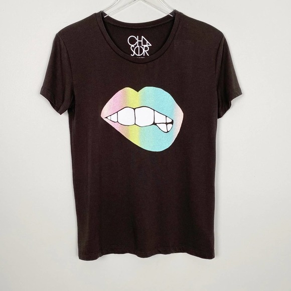 Chaser Tops - Chaser Glitter Lips Graphic Tee S Rainbow Ombré